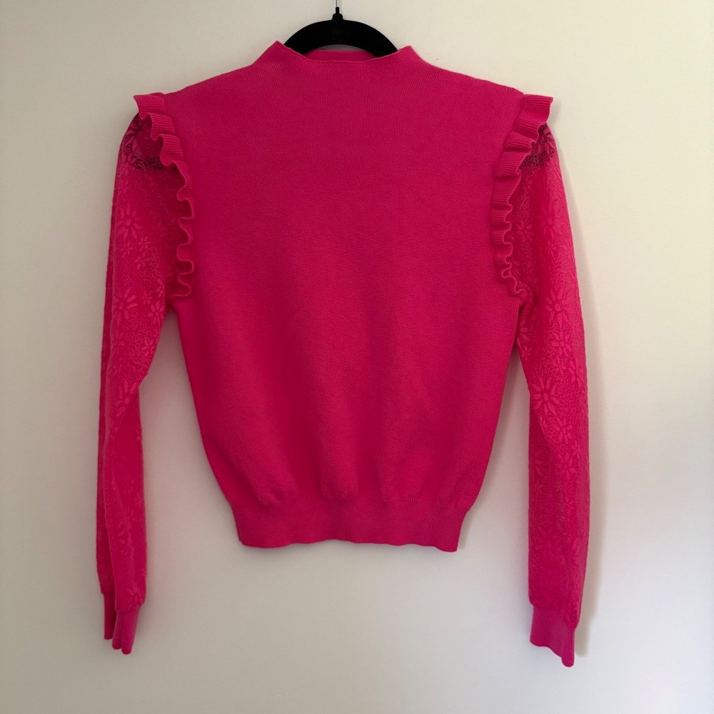 Shop the Mint Hot‎ Pink Ruffle Lace Sleeve Mock Neck Sweater Small Fuchsia
